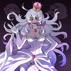 Rule 34 | boo (mario), breasts, brooch, damare-draws, dress, earrings, elbow gloves, floating hair, gloves, hair between eyes, highres, jewelry, long tongue, looking at viewer, mario (series), nintendo, personification, pointy ears, princess king boo, red eyes, ring, sharp teeth, smile, super crown, teeth, thick eyebrows, thighhighs, tongue, tongue out, white dress, white gloves, white hair, white legwear