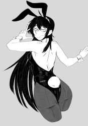 Rule 34 | 1girl, animal ears, ass, awa nana, detached collar, fake tail, freckles, from behind, grey background, greyscale, highres, leotard, looking back, monochrome, original, pantyhose, playboy bunny, rabbit ears, rabbit tail, simple background, solo, sugarspot jr., tail, wrist cuffs