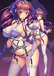 Rule 34 | 1girl, bare shoulders, blush, breasts, detached collar, detached sleeves, fate/grand order, fate (series), full body, garter straps, hair between eyes, hair ribbon, headpiece, jewelry, large breasts, legs, long hair, looking at viewer, navel, parted lips, pendant, ponytail, purple hair, purple ribbon, purple thighhighs, red eyes, ribbon, scathach (fate), scathach skadi (fate), scathach skadi (third ascension) (fate), tako seijin, thighhighs