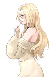Rule 34 | 1girl, bare shoulders, blonde hair, blush, breasts, brown sweater, candy, choker, cleavage, cowboy shot, dress, food, highres, hornet (kancolle), kantai collection, large breasts, long hair, looking at viewer, odachu, off-shoulder sweater, off shoulder, smile, sweater, sweater dress, white background