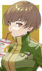 Rule 34 | 1girl, badge, breasts, brown eyes, brown hair, button badge, cup, drinking, drinking straw, green jacket, highres, holding, holding cup, jacket, medium breasts, murata tefu, persona, persona 4, satonaka chie, short hair, solo, track jacket