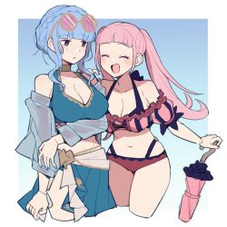Rule 34 | 2girls, :d, ^ ^, alternate costume, bare shoulders, bikini, blue bikini, blue hair, blue nails, blue skirt, blunt bangs, blush, braid, breasts, cleavage, closed eyes, commentary request, cropped legs, crown braid, do m kaeru, eyewear on head, female focus, fire emblem, fire emblem: three houses, fire emblem heroes, grey eyes, hand on another&#039;s shoulder, hilda valentine goneril, hilda valentine goneril (summer), holding, holding umbrella, large breasts, long hair, looking at another, marianne von edmund, marianne von edmund (summer), multi-strapped bikini, multiple girls, navel, nintendo, off shoulder, official alternate costume, open mouth, pink bikini, pink nails, round eyewear, skirt, smile, sunglasses, swimsuit, twintails, umbrella