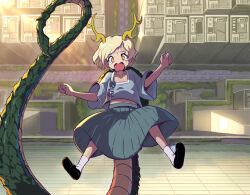 Rule 34 | 1girl, antlers, black footwear, blonde hair, blue shirt, building, crying, crying with eyes open, dragon girl, dragon tail, falling, fatal fury, horns, kicchou yachie, mary janes, midriff peek, navel, open mouth, outdoors, shirt, shoe soles, shoes, short hair, socks, syope, tail, tears, touhou, turtle shell, white socks, yellow eyes