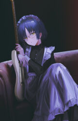 Rule 34 | apron, bass guitar, blue hair, bocchi the rock!, couch, dark background, earrings, glasses, highres, instrument, jewelry, maid, maid apron, maid headdress, on couch, seikatsu, yamada ryo, yellow eyes