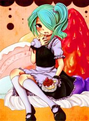 Rule 34 | 1boy, apron, blush, cake, crossdressing, food, fruit, hair over one eye, highres, inazuma eleven, inazuma eleven (series), kazemaru ichirouta, licking, long hair, maid, maid apron, maid headdress, male focus, mary janes, ponytail, red eyes, shoes, side ponytail, sitting, skirt, smile, solo, strawberry, thighhighs, tongue, trap, white thighhighs, wrist cuffs