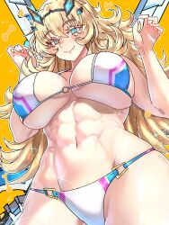 Rule 34 | 1girl, abs, absurdres, aqua eyes, barghest (fate), barghest (swimsuit archer) (fate), bikini, blonde hair, breasts, ebora, fate/grand order, fate (series), highres, huge breasts, long hair, looking at viewer, multicolored bikini, multicolored clothes, muscular, muscular female, navel, o-ring, o-ring bikini, shiny skin, skindentation, smile, solo, standing, swimsuit, two-tone eyes, underboob, very long hair, white bikini