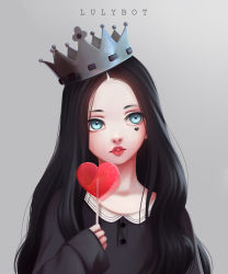 Rule 34 | 1girl, absurdres, black hair, black shirt, blank stare, blue eyes, candy, crown, facial mark, food, forehead, gradient background, grey background, head tilt, heart, heart facial mark, heart-shaped lollipop, highres, lips, lollipop, long hair, long sleeves, lulybot, no bangs, original, red lips, shaped lollipop, shirt, sleeves past wrists, solo, upper body