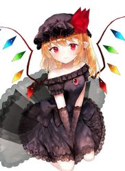 Rule 34 | 1girl, alternate costume, between legs, black bow, black dress, black gloves, black hat, blush, bow, brooch, commentary request, crystal, dress, dress bow, earrings, elbow gloves, flandre scarlet, floral print, gem, gloves, hand between legs, hat, hat ribbon, jewelry, lace trim, looking at viewer, mob cap, off-shoulder dress, off shoulder, pointy ears, red gemstone, red ribbon, ribbon, rose print, sakizaki saki-p, seiza, side ponytail, simple background, sitting, solo, touhou, vampire, white background, wings