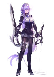 Rule 34 | 1girl, black pantyhose, breasts, commentary request, dual wielding, female focus, full body, high heels, holding, juliet sleeves, kishiyo, large breasts, long hair, long sleeves, md5 mismatch, pantyhose, pixiv fantasia, pixiv fantasia t, puffy sleeves, purple eyes, purple hair, revision, shirt, skirt, solo, sword, very long hair, weapon