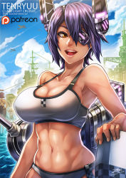 Rule 34 | 10s, 3girls, :d, abs, aircraft, airplane, armpits, artist name, bare arms, bikini, blonde hair, blue sky, breasts, brown eyes, character name, cleavage, collarbone, colored eyelashes, covered erect nipples, cowboy shot, cruiser, day, eyepatch, glint, hair between eyes, hairband, halo, headgear, kantai collection, large breasts, looking to the side, machinery, mechanical halo, military, military vehicle, multiple girls, muscular, muscular female, navel, neckerchief, open mouth, outdoors, outstretched arms, patreon, purple hair, school uniform, see-through, serafuku, shimakaze (kancolle), ship, short hair, signature, skindentation, sky, smile, standing, standing on liquid, swimsuit, tatsuta (kancolle), tenryuu (kancolle), toned, warship, water, watercraft, watermark, white bikini, zen (jirakun)