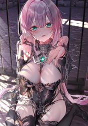 Rule 34 | 1girl, absurdres, bare shoulders, black leotard, black thighhighs, blush, breasts, chain, cleavage, detached collar, detached sleeves, gem, highleg, highleg leotard, highres, holding, holding chain, large breasts, leotard, long hair, looking at viewer, official art, open mouth, original, pink hair, pottsness, prison, restrained, ribbon, second-party source, seiza, sidelocks, sitting, skindentation, smile, solo, sunlight, tears, thighhighs, thighs, very long hair