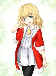 Rule 34 | 1girl, bell, black thighhighs, blonde hair, blue eyes, blush, child, christmas, commentary request, cowboy shot, dress, fur-trimmed sleeves, fur collar, fur trim, green background, hand up, head tilt, leivinia birdway, looking at viewer, medium bangs, medium hair, open clothes, open mouth, open robe, red robe, robe, shin (highest1192), short dress, sleeves past elbows, solo, star (symbol), thighhighs, toaru majutsu no index, tongue, white dress