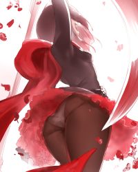 Rule 34 | 13o, 1girl, arm up, ass, black dress, black hair, breasts, brown pantyhose, cape, cowboy shot, dress, from behind, from below, highres, long sleeves, panties, panties under pantyhose, pantyhose, petals, profile, red cape, ruby rose, rwby, scythe, short dress, short hair, signature, simple background, small breasts, solo, standing, thighs, underwear, upskirt, white background, white panties