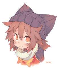 Rule 34 | 1girl, :3, beanie, blush, brown hair, brown hat, character name, chen, female focus, hat, looking at viewer, morino hon, orange eyes, portrait, short hair, simple background, sketch, smile, solo, touhou, upper body, white background