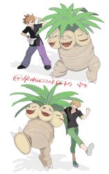 1boy :d absurdres blue_oak brown_hair clenched_hand closed_eyes collared_shirt commentary_request creatures_(company) exeggutor fanny_pack game_freak gen_1_pokemon green_footwear green_pants grey_bag hand_on_own_hip hand_up highres leg_up legs_apart male_focus miyage_no_nukegara multiple_views nintendo open_mouth pants pokemon pokemon_(creature) pokemon_frlg pokemon_sm purple_pants shirt shoes short_hair smile spiked_hair standing twitter_username wristband