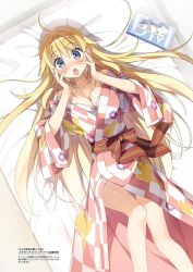 Rule 34 | 1girl, :o, ahoge, blonde hair, blue eyes, blush, bra, breasts, checkered clothes, checkered kimono, cleavage, collarbone, from above, from below, futon, highres, japanese clothes, kantoku, kimono, long hair, long sleeves, lying, medium breasts, on back, qualidea code, solo, thigh gap, underwear, utara canaria, very long hair, white bra