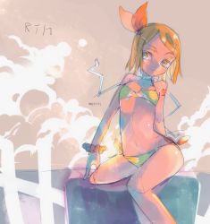Rule 34 | &gt;:&lt;, 1girl, :&lt;, arm tattoo, artist name, bare arms, bare legs, bare shoulders, bikini, blonde hair, bow, bracelet, character name, closed mouth, cloud, flat chest, frown, hair bow, highres, jewelry, kagamine rin, looking at viewer, miririri, navel, scrunchie, serious, short hair, side-tie bikini bottom, signature, sitting, sketch, solo, string bikini, swimsuit, tattoo, v-shaped eyebrows, vocaloid, wrist scrunchie, yellow eyes