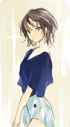Rule 34 | 1girl, blue eyes, blue shirt, blue skirt, brown hair, closed mouth, collarbone, commentary, cowboy shot, from side, grey background, looking at viewer, looking to the side, lpip, original, shirt, short hair, short sleeves, sketch, skirt, solo, symbol-only commentary