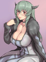 Rule 34 | 1girl, :p, aged up, alternate color, arm support, bespectacled, blush, breasts, choker, cleavage, cosplay, demon girl, dress, fur trim, glasses, horns, large breasts, long hair, looking at viewer, maou (maoyuu), maou (maoyuu) (cosplay), maoyuu maou yuusha, red eyes, rozen maiden, silver hair, simple background, sitting, solo, suigintou, tongue, tongue out, tsuda nanafushi