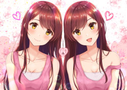 Rule 34 | :d, bare shoulders, blush, breasts, cleavage, closed mouth, collarbone, commentary request, floral background, flower, head tilt, heart, highres, idolmaster, idolmaster shiny colors, long hair, looking at viewer, low neckline, medium breasts, open mouth, osaki amana, osaki tenka, pink flower, red hair, siblings, single sidelock, sisters, smile, strap slip, swept bangs, tank top, tareme, twins, upper body, yellow eyes, yuzuyu (hyui)