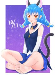 Rule 34 | 1girl, :p, animal ear fluff, animal ears, bare legs, barefoot, birthday, blue gloves, blue hair, blue skirt, border, breasts, cat ears, cat tail, collared shirt, commentary request, dated, detached sleeves, drill hair, feet, full body, gloves, gradient background, hair ornament, happy birthday, highres, hinosaki, long hair, miniskirt, orange eyes, pleated skirt, precure, purple background, shirt, sitting, skirt, sleeveless, sleeveless shirt, small breasts, soles, solo, star twinkle precure, tail, toes, tongue, tongue out, twin drills, white border, white sleeves, yuni (precure)