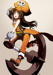 Rule 34 | 1girl, :d, anchor, beige background, belt, black gloves, breasts, buckle, club3, costume, fingerless gloves, gloves, guilty gear, hat, highres, looking at viewer, may (guilty gear), open mouth, pirate hat, simple background, smile, solo, standing