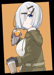 Rule 34 | 1girl, absurdres, alternate costume, black gloves, blue eyes, breasts, coffee cup, collared shirt, cup, disposable cup, eating, food, gloves, green jacket, hair ornament, hair over one eye, hairclip, hamakaze (kancolle), highres, holding, holding cup, holding food, hood, hood down, jacket, kantai collection, kirishina (raindrop-050928), large breasts, looking at viewer, shirt, short hair, silver hair, solo, sweet potato, upper body, wavy mouth