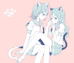 Rule 34 | 2girls, ahoge, animal ears, bare legs, barefoot, cat day, cat ears, cat tail, clenched hands, dated, half updo, hand on another&#039;s cheek, hand on another&#039;s face, hands up, highres, hinamori, kemonomimi mode, long hair, looking at another, looking away, love live!, love live! sunshine!!, miniskirt, monochrome background, multiple girls, multiple monochrome, neckerchief, paw print, pink background, pleated skirt, sakurauchi riko, school uniform, serafuku, short hair, simple background, sitting, skirt, sweatdrop, tail, takami chika, uranohoshi school uniform, yuri