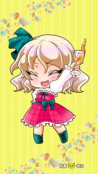 Rule 34 | 1girl, alcohol, beer, beerko, blush, bow, chibi, closed eyes, cross-laced footwear, cup, dress, drinking glass, frilled dress, frilled sleeves, frills, green bow, green footwear, green ribbon, green sash, hair ribbon, hand on own hip, highres, juliet sleeves, light brown hair, long sleeves, medium hair, open mouth, original, plaid, plaid dress, puffy sleeves, ribbon, sash, shachikuneko000