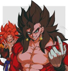 Rule 34 | 2boys, absurdres, biceps, black wristband, blue eyes, blue sash, body fur, dragon ball, dragon ball gt, dragon ball heroes, earrings, gogeta, gogeta (xeno), highres, jewelry, looking at viewer, male focus, metamoran vest, monkey boy, monkey tail, multiple boys, muscular, muscular male, no nipples, pants, pectorals, potara earrings, red fur, red hair, relio db318, sash, simple background, smile, spiked hair, super saiyan, super saiyan 4, tail, vegetto, vegetto (xeno), veins, veiny hands, white pants