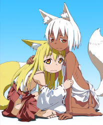 Rule 34 | 2girls, absurdres, animal ears, bare arms, bare shoulders, barefoot, barikios, blonde hair, blue background, bob cut, clothing cutout, colored eyelashes, dark-skinned female, dark skin, detached sleeves, fang, fang out, feet, flat chest, fox ears, fox tail, from side, frown, full body, grabbing another&#039;s hair, gradient background, hair between eyes, hakama, hakama skirt, hand on another&#039;s arm, highres, hip vent, hug, indian style, japanese clothes, light smile, long hair, looking at viewer, miko, multiple girls, no bra, no panties, orange eyes, original, petite, red hakama, ribbon-trimmed sleeves, ribbon trim, ribs, seiza, sharp toenails, short hair, side cutout, side slit, simple background, sitting, skirt, smile, soles, tail, tareme, thick eyebrows, toenails, toes, wavy mouth, white background, white hair, wide sleeves