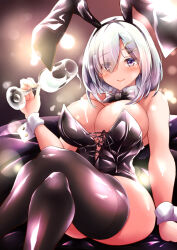 Rule 34 | 1girl, arm support, black corset, black thighhighs, bow, bowtie, breasts, cleavage, corset, crossed legs, cup, detached collar, grey hair, hair ornament, hair over one eye, hairclip, hamakaze (kancolle), highres, holding, holding cup, kantai collection, large breasts, leotard, looking at viewer, playboy bunny, pulumelo, purple eyes, short hair, sitting, solo, thighhighs, thighs, wrist cuffs
