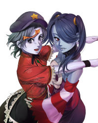 Rule 34 | 2girls, absurdres, bare shoulders, blue eyes, blue hair, blue skin, chinese clothes, colored skin, cowboy shot, crossover, detached collar, detached sleeves, facing viewer, fangs, flat cap, hair over one eye, hand on own hip, hat, highres, himegami shino, looking at viewer, looking away, miyako yoshika, multiple girls, ofuda, open mouth, outstretched arms, red eyes, short hair, short sleeves, sideways glance, simple background, skeletal arm, skirt, skull, skullgirls, sleeves past wrists, squigly (skullgirls), star (symbol), stitched mouth, stitches, striped, striped sleeves, touhou, trait connection, twintails, white background, zombie, zombie pose