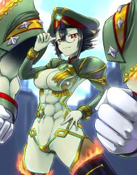 Rule 34 | 1girl, abs, areola slip, army uniform, boots, breasts, colored skin, fire, glasses, green skin, hand on own hip, large breasts, multiple limbs, muscular, newt (xenoblade), nintendo, round eyewear, short hair, simple background, solo, thigh boots, thighhighs, xenoblade chronicles (series), xenoblade chronicles 2
