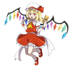 Rule 34 | 1girl, absurdres, asatsuki (fgfff), ascot, back bow, blonde hair, bloomers, bow, crystal, eating, fang, flandre scarlet, food, frilled shirt, frilled shirt collar, frilled skirt, frilled sleeves, frills, full body, hat, highres, mary janes, medium hair, mob cap, open mouth, pocky, puffy short sleeves, puffy sleeves, red bow, red eyes, red footwear, red skirt, red vest, shirt, shoes, short sleeves, side ponytail, simple background, skirt, skirt set, solo, touhou, underwear, vest, white background, white legwear, white shirt, wings, yellow ascot