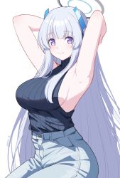 Rule 34 | 1girl, alternate costume, armpits, arms behind head, arms up, black sweater, blue archive, blue pants, breasts, closed mouth, denim, grey hair, halo, highres, jeans, large breasts, long hair, looking at viewer, noa (blue archive), pants, purple eyes, reia 76, ribbed sweater, sideboob, sidelocks, simple background, sleeveless, sleeveless sweater, sleeveless turtleneck, smile, solo, sweater, turtleneck, very long hair, white background