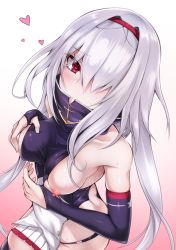 Rule 34 | 1girl, azur lane, bare shoulders, black thighhighs, breasts, butt crack, colorado (azur lane), elbow gloves, gloves, gradient background, hair over one eye, hairband, heart, heart-shaped pupils, long hair, looking at viewer, nipples, panties, shimo (depthbomb), silver hair, solo, sweat, symbol-shaped pupils, thighhighs, underwear
