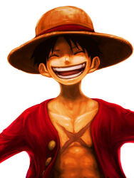 Rule 34 | 1boy, black hair, closed eyes, facial scar, hat, highres, male focus, meta gun, monkey d. luffy, one piece, open clothes, red shirt, scar, scar on cheek, scar on chest, scar on face, shirt, short hair, simple background, smile, solo, straw hat, teeth, white background