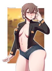Rule 34 | 1girl, absurdres, amane suzuha, ass, blush, braid, breasts, brown hair, commission, cowboy shot, denim, fraankyy, green eyes, twirling hair, highres, jacket, jeans, leather, leather jacket, lipstick, looking at viewer, makeup, medium breasts, pants, short hair, short shorts, shorts, simple background, smile, solo, solo focus, standing, steins;gate, steins;gate 0, thick thighs, thighs, thong, twin braids, wide hips