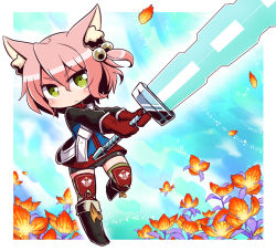 Rule 34 | 1girl, 7th dragon, 7th dragon (series), animal ear fluff, animal ears, belt, bike shorts, black footwear, black shorts, blue jacket, blush, boots, cat ears, closed mouth, commentary request, fighter (7th dragon), floro (7th dragon), flower, gloves, glowing, glowing sword, glowing weapon, green eyes, hair between eyes, hair bobbles, hair ornament, harukara (7th dragon), holding, holding sword, holding weapon, jacket, knee boots, long sleeves, naga u, one side up, orange flower, petals, pink hair, red gloves, short shorts, shorts, solo, striped clothes, striped thighhighs, sword, thighhighs, thighhighs under boots, v-shaped eyebrows, weapon, white belt