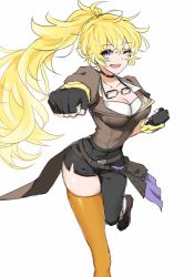 Rule 34 | 1girl, absurdres, asymmetrical legwear, blonde hair, breasts, cleavage, ember celica (rwby), fingerless gloves, gloves, goggles, goggles around neck, highres, large breasts, official alternate costume, one eye closed, punching, purple eyes, rwby, rwby ice queendom, solo, thighhighs, tl (xdd), white background, yang xiao long