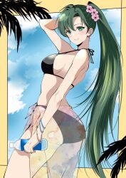 Rule 34 | 1girl, alternate costume, ass, bikini, black bikini, blue sky, blush, bottle, breasts, closed mouth, cloud, fe135700, fire emblem, fire emblem: the blazing blade, flower, green eyes, green hair, hair flower, hair ornament, highres, holding, holding bottle, long hair, looking at viewer, lyn (fire emblem), medium breasts, mixed-language commentary, nintendo, outdoors, pink flower, ponytail, sarong, see-through, see-through sarong, sky, smile, solo, swept bangs, swimsuit, very long hair, water bottle