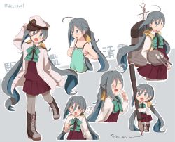 Rule 34 | 10s, 1girl, :d, ?, ^ ^, admiral (kancolle), admiral (kancolle) (cosplay), ahoge, anchor symbol, antenna hair, arm behind back, arm up, armpits, artist name, backpack, bag, bare shoulders, blue bow, blue hair, blue neckwear, blush, boots, bow, bowtie, brown footwear, bust measuring, camisole, cannon, chibi, closed eyes, closed mouth, collarbone, cosplay, cowboy shot, cropped legs, cross-laced footwear, dress, epaulettes, eyebrows, finger to cheek, flat chest, full body, grey eyes, grey hair, grey pantyhose, gun, hair between eyes, hair bow, hands in opposite sleeves, hat, head tilt, holding, holding gun, holding weapon, index finger raised, jacket, kantai collection, kiyoshimo (kancolle), long hair, long sleeves, low twintails, machinery, measuring, military, military uniform, multicolored hair, multiple views, naval uniform, nib pen (object), open mouth, oversized object, pantyhose, peaked cap, pen, pleated skirt, pointing, pointing at viewer, red skirt, red vest, riz (ravel dc), scratching cheek, shirt, shoelaces, skirt, sleeveless, sleeveless dress, sleeves past wrists, smile, spoken question mark, sweatdrop, tape measure, text focus, translation request, turret, twintails, uniform, upper body, very long hair, vest, walking, weapon, white shirt, writing, yellow bow