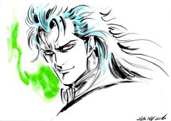 Rule 34 | 1boy, blue hair, dated, from side, hayama jun&#039;ichi, hokuto no ken, looking at viewer, male focus, marker (medium), orange eyes, partially colored, portrait, rei (hokuto no ken), smile, solo, traditional media