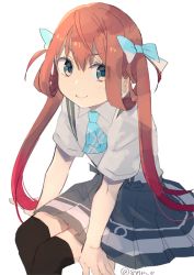 Rule 34 | 1girl, 8ne (nitika127), aqua neckwear, asagumo (kancolle), ascot, black thighhighs, blue ascot, brown hair, grey eyes, grey skirt, hair ribbon, invisible chair, kantai collection, long hair, looking at viewer, pleated skirt, ribbon, shirt, simple background, sitting, skirt, smile, solo, suspender skirt, suspenders, thighhighs, twintails, twitter username, white background, white shirt