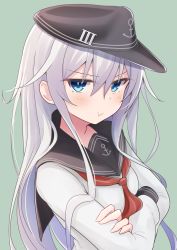 Rule 34 | 1girl, :t, anchor symbol, black sailor collar, blue eyes, commentary request, crossed arms, flat cap, green background, hat, hibiki (kancolle), highres, kantai collection, long hair, looking at viewer, myht, neckerchief, pout, red neckerchief, sailor collar, school uniform, serafuku, silver hair, simple background, solo, upper body