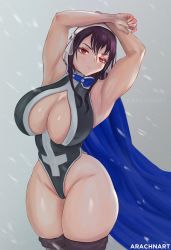 Rule 34 | 1girl, arachnart, armpits, arms up, bare shoulders, blush, boots, breasts, cleavage, closed mouth, curvy, fairy tail, highres, large breasts, long hair, looking at viewer, purple hair, red eyes, solo, standing, tagme, thick thighs, thighs, ultear milkovich, wide hips