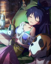 Rule 34 | 10s, 1girl, animal, antenna hair, aqua bra, bed sheet, bird, black hair, blush, bow, bra, breasts, cat, chair, cleavage, closed eyes, couch, desk, dog, drawstring, fang, ganaha hibiki, hair bow, hair ribbon, hamster, hamuzou, happy, high ponytail, idolmaster, idolmaster (classic), idolmaster million live!, indoors, inumi, lens flare, long hair, million live card, off shoulder, office chair, official art, open mouth, parrot, parted bangs, polka dot, ponytail, rabbit, ribbon, shirt, short shorts, short sleeves, shorts, signature, sitting, sleeping, sleeve cuffs, small breasts, smile, sparkle, squirrel, swivel chair, tongue, tongue out, underwear, very long hair, wooden floor