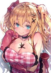 Rule 34 | 1girl, akai haato, apron, aqua eyes, arm under breasts, bare shoulders, between breasts, black choker, blonde hair, breasts, bug, choker, collarbone, commentary, english commentary, hair between eyes, hair ornament, hairclip, heart, heart hair ornament, hololive, large breasts, long hair, looking at viewer, oven mitts, redcomet, simple background, smile, solo, spider, twintails, very long hair, virtual youtuber, wavy hair, white background, x hair ornament