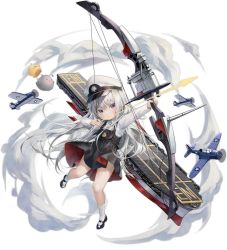 Rule 34 | 1girl, aged down, aircraft, airplane, azur lane, bird, black footwear, bow (weapon), chick, child, collared shirt, compound bow, douya (233), f4f wildcat, flight deck, full body, grey eyes, hat, highres, kneehighs, little enterprise (azur lane), long hair, long sleeves, manjuu (azur lane), mary janes, official art, overall skirt, peaked cap, rigging, sbd dauntless, shirt, shoes, silver hair, socks, solo, transparent background, very long hair, weapon, white hat, white shirt, white socks